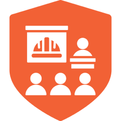 Presentation and audience icon on orange shield