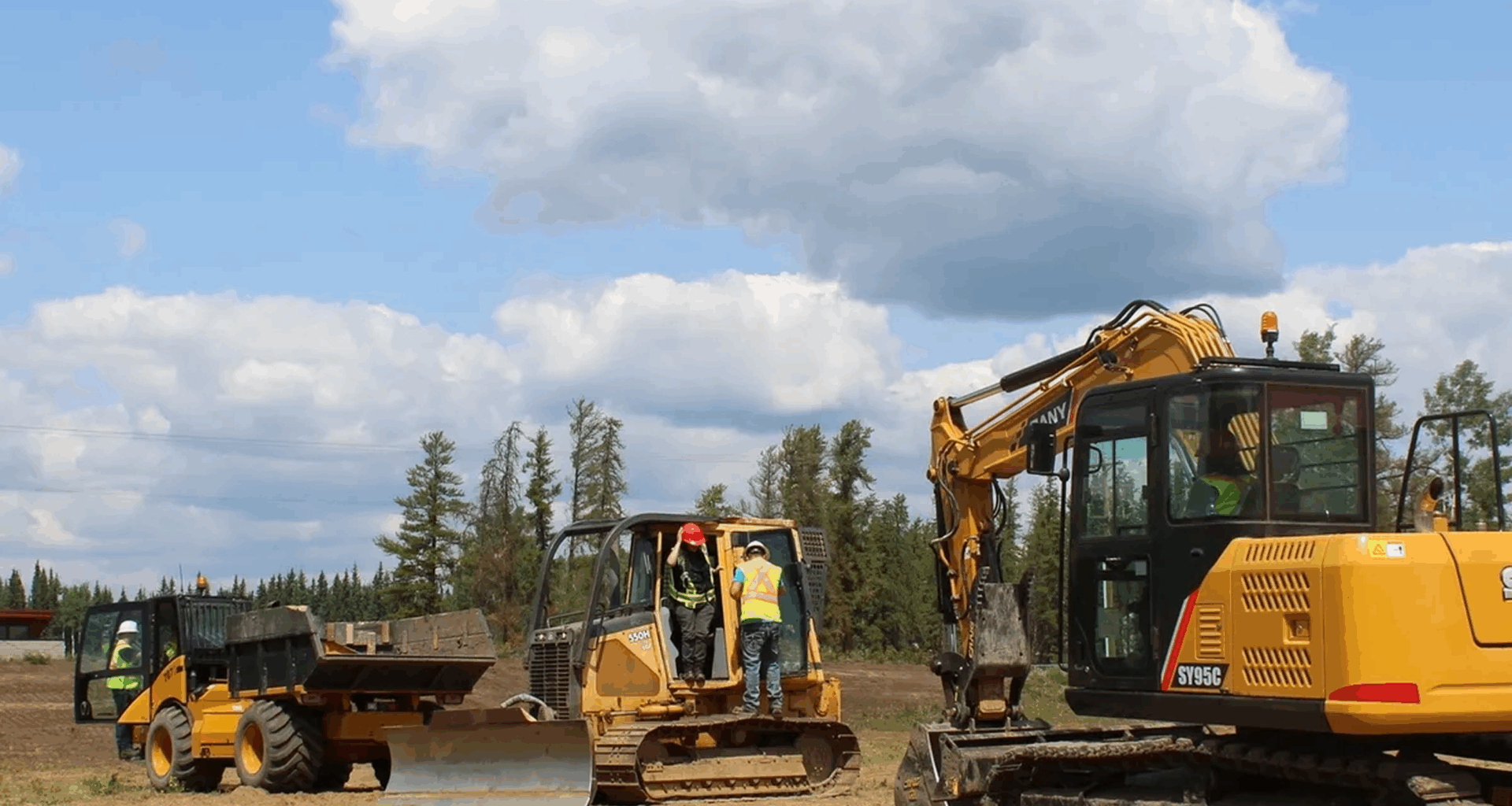 Excavators and trucks at work